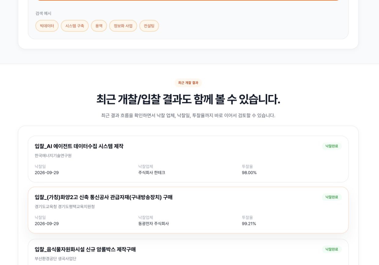 G2B Market 나라장터 최근 개찰 결과 목록. 공고명, 발주기관, 낙찰일, 낙찰업체와 투찰율을 표시합니다.